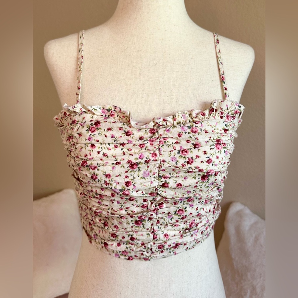 Polly Coquette Cropped Top White Cotton Scrunched Pink Micro Floral Women’s Sz 4